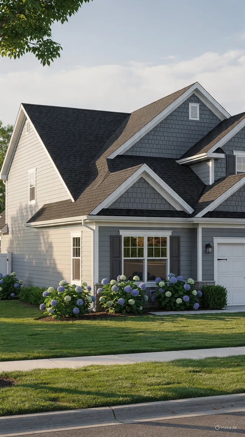 Gray-sided home with dark shingle gables and a landscaped front yard