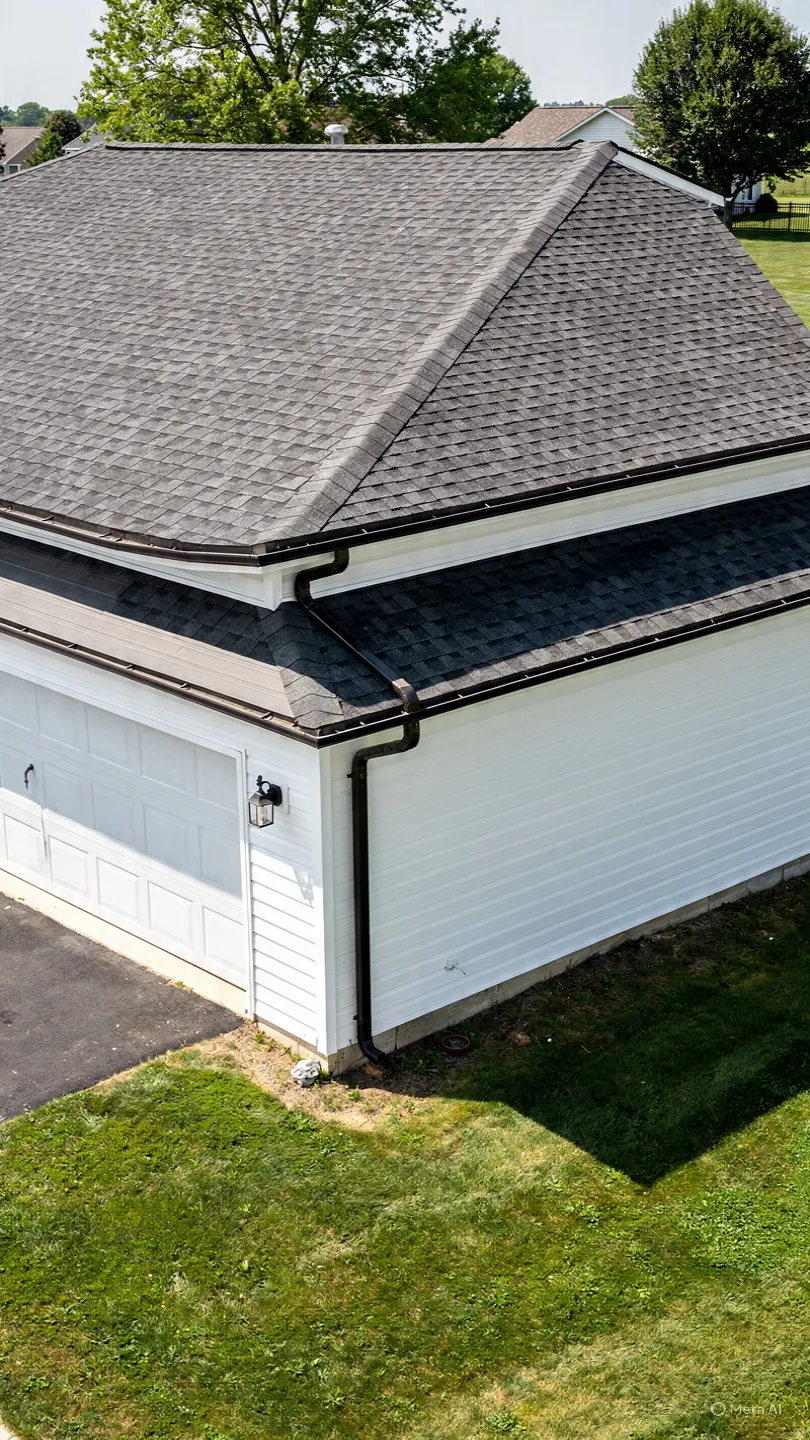 Gutter and downspout along the edge of a shingle roof