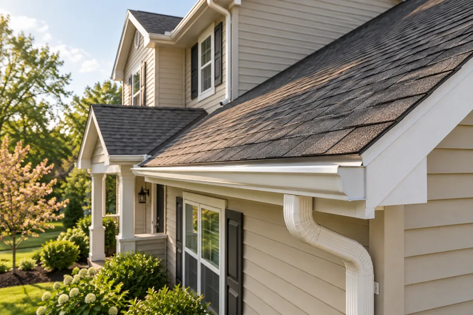 Asphalt shingles, white roof trim, gutter and downspout on a beige house