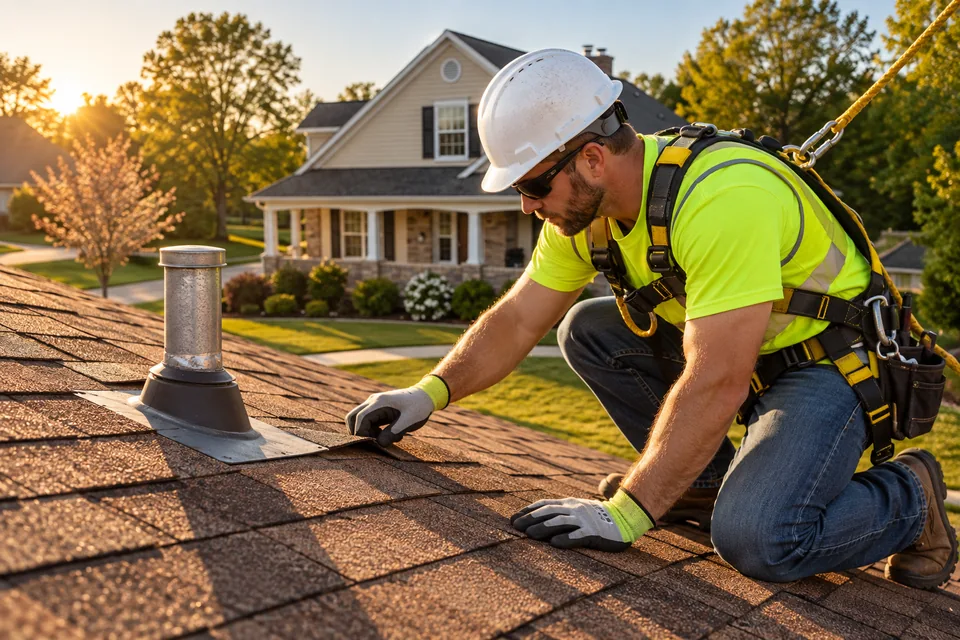 Roofer wearing fall protection checking shingles beside a roof vent