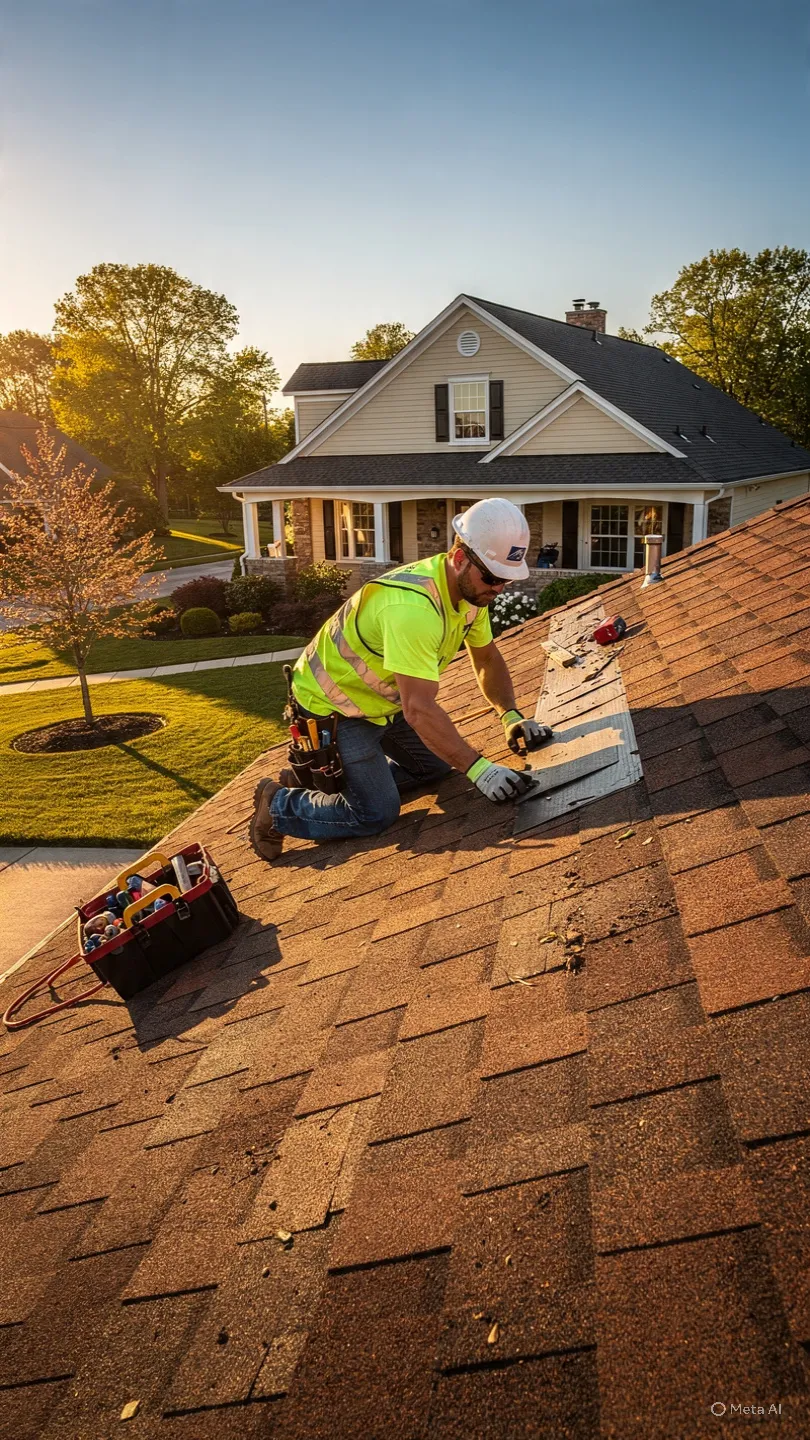Roofer working on asphalt shingles in warm evening light