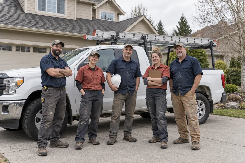 Roofing tradespeople beside a work pickup and ladder at a residential property