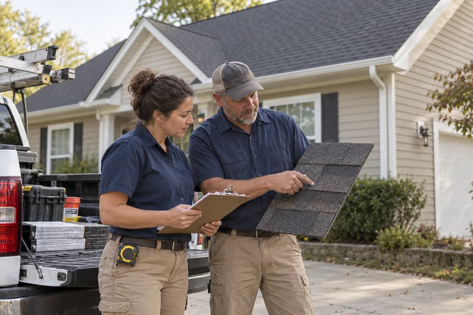 Two roofing workers reviewing a shingle sample and written notes beside a work truck