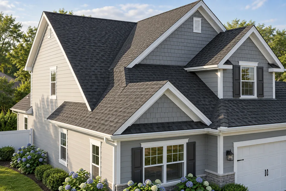 Elevated view of intersecting asphalt shingle rooflines on a gray home