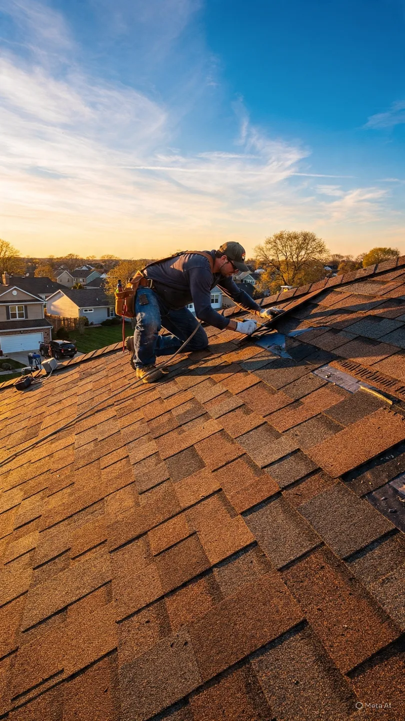 Roofer repairing a sloped asphalt shingle roof