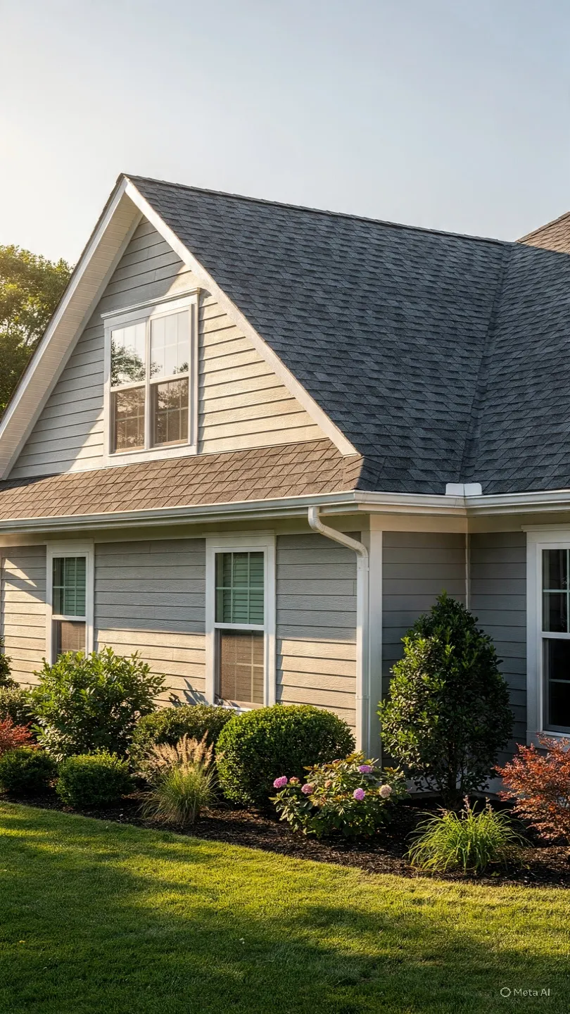 Asphalt shingle roof above a light-sided home and front porch