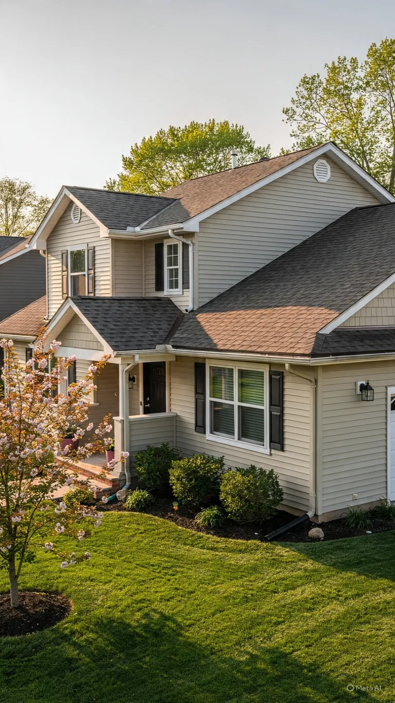 Light horizontal siding and shingle roofs on a two-story home