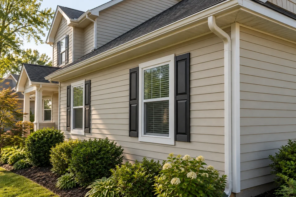 Beige lap siding, white window trim and black shutters viewed along the side of a house